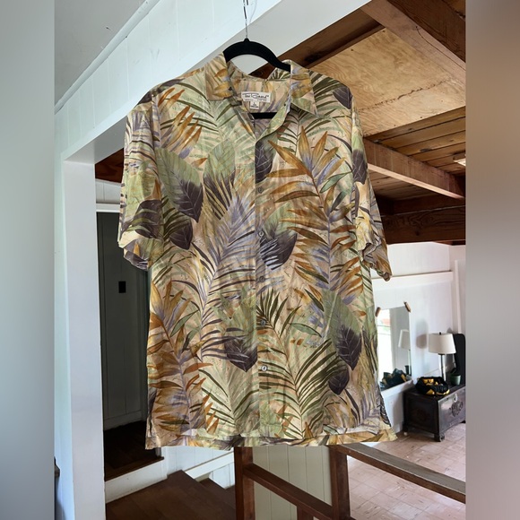 Tori Richard Hawaiian Shirt Mens L Cotton Lawn Brown Green Palm Leaf Leaves - Picture 2 of 6